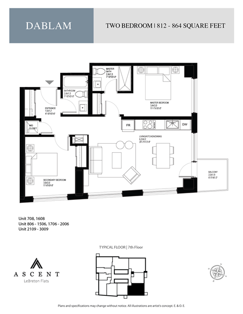 Floor plan for 2 beds, 2 baths, 869 sqft
